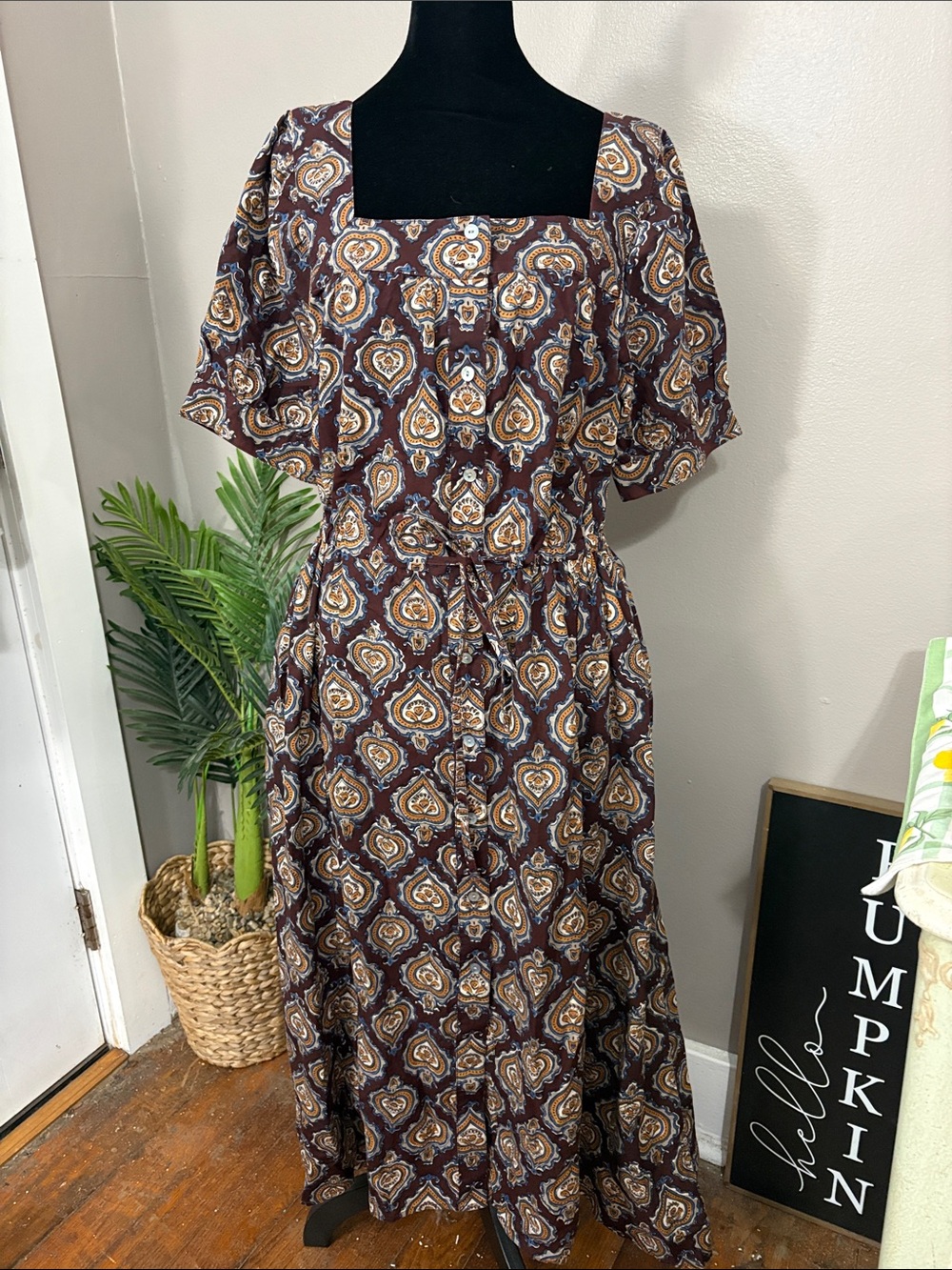 NWT J. Jill Paisley Button Front Midi Dress Size Medium Brown Cottagecore Boho